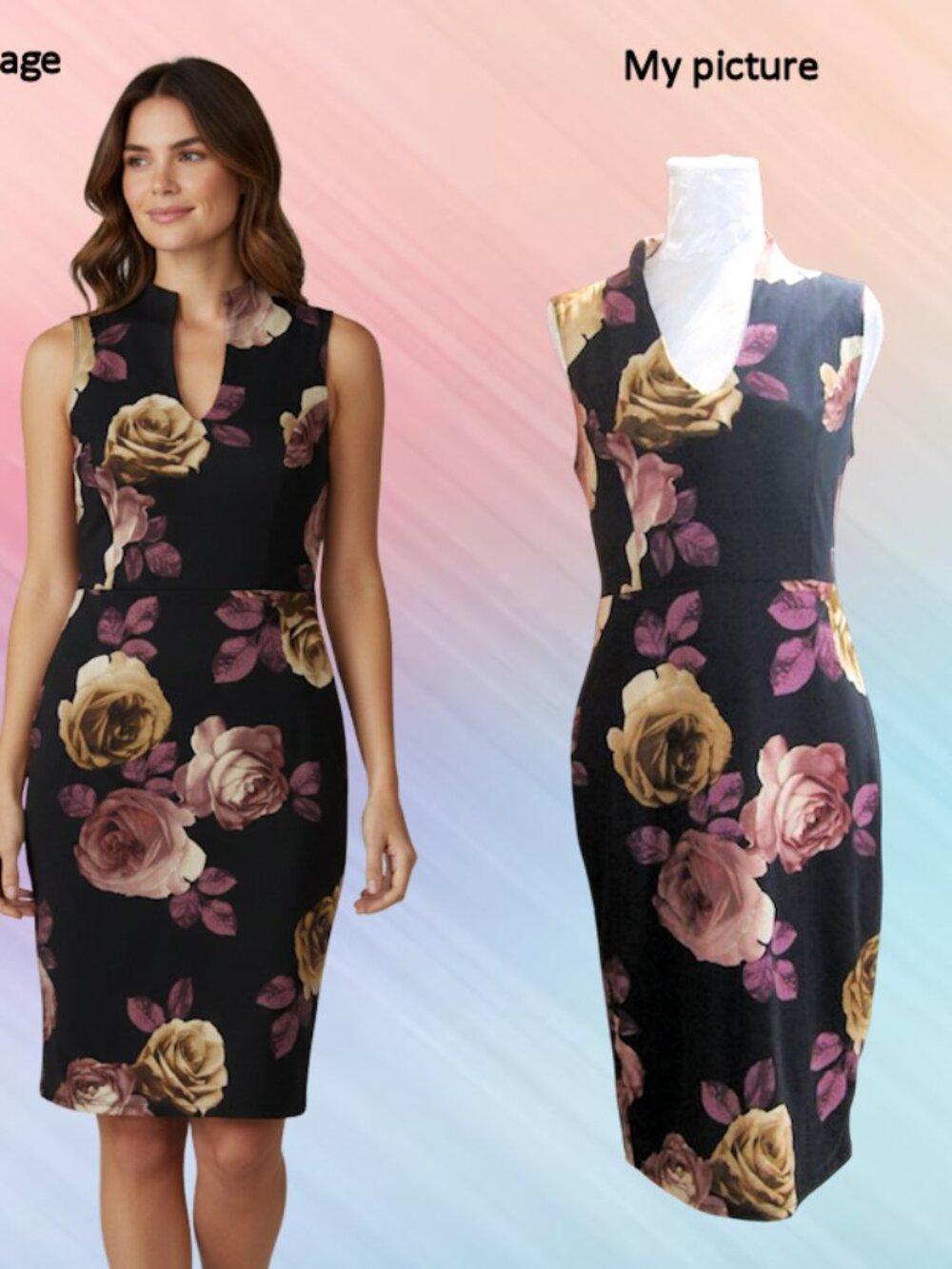 Beware size L womens dress knee length black with beige floral sleeveless